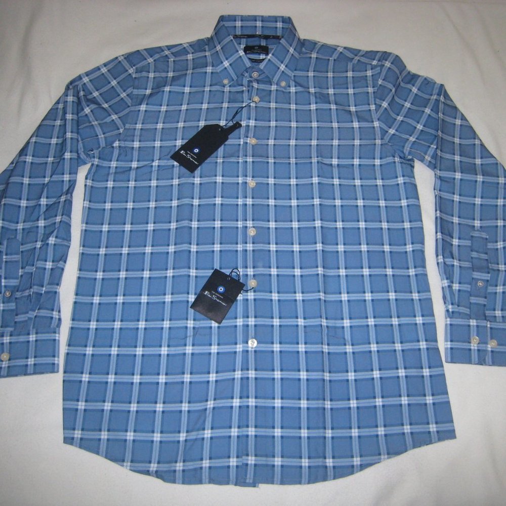 Ben Sherman Men's Original Stretch Button Down Dress Shirt Slim Fit Blue Plaid M